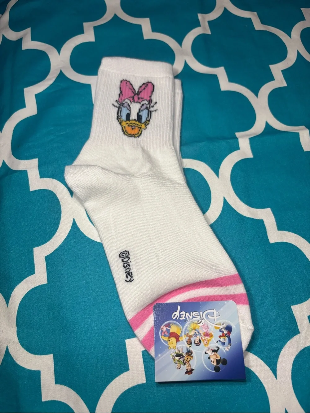 New Women’s White Crew Socks with Daisy Duck Face and Pink Bow